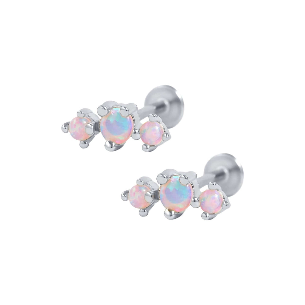 Curved Triple Pink Opal Prong Ball Back & Flat Back Cartilage Earrings