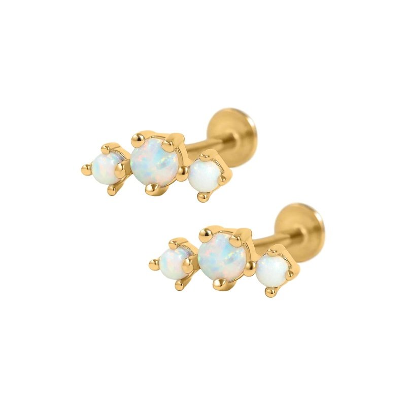 Curved Triple White Opal Prong Ball Back&Flat Back Cartilage Earrings