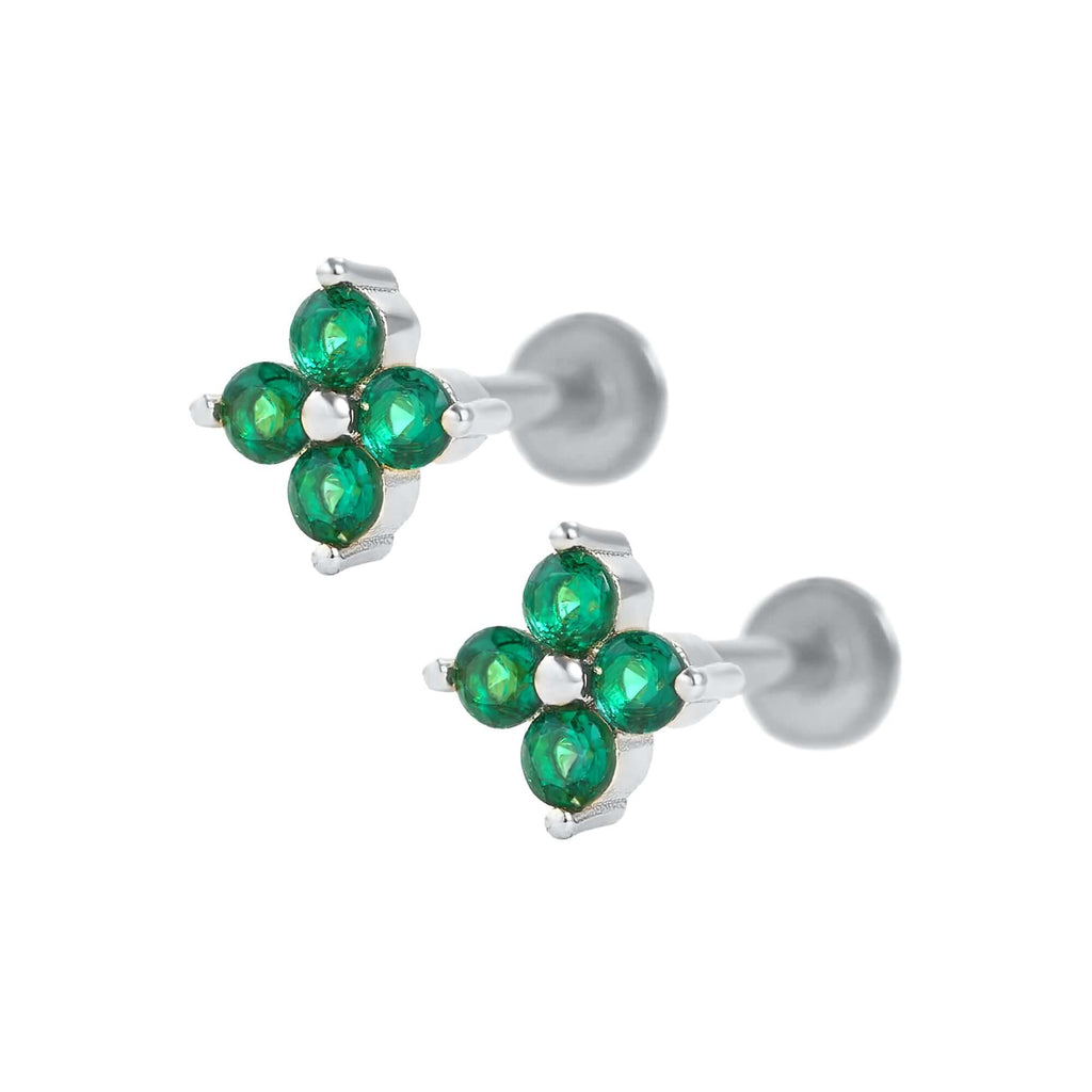 Emerald Green Four Leaf Clover Ball & Flat Back Cartilage Earrings