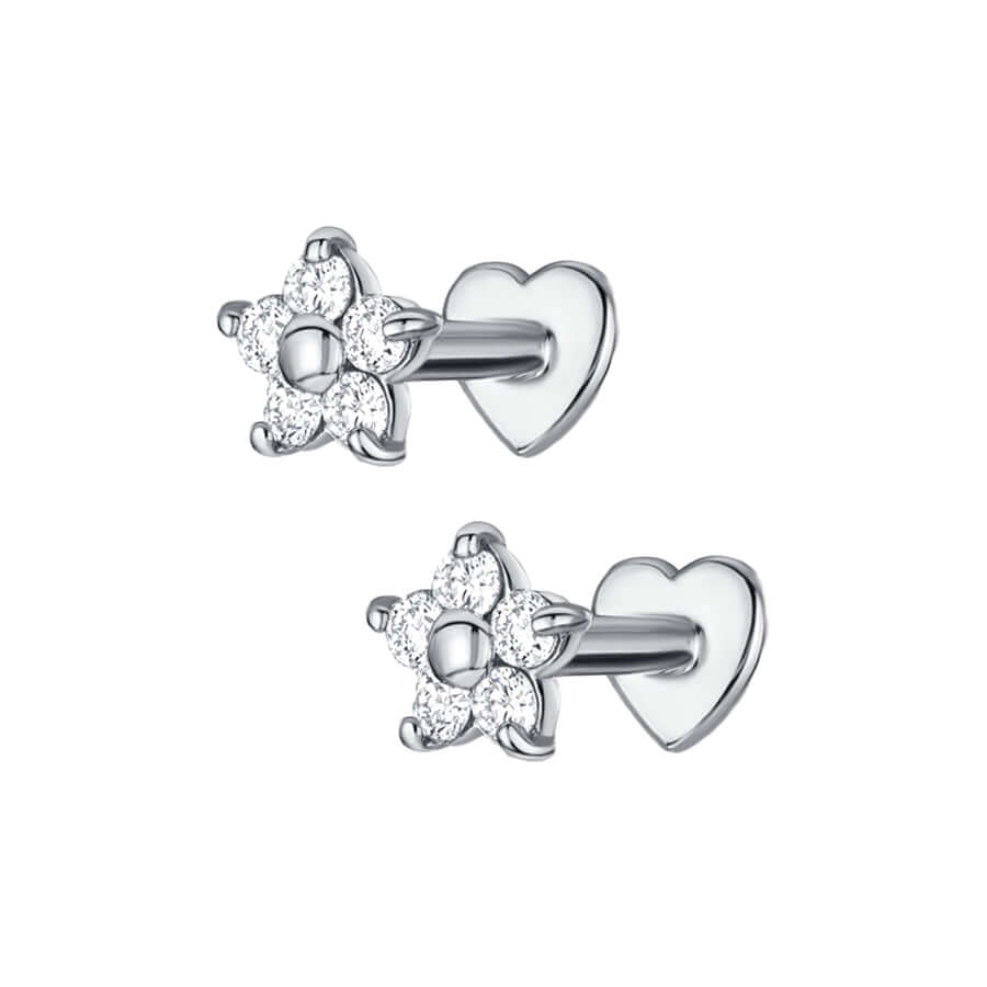 Heart Flat Back Floral CZ Diamond Stud Earrings