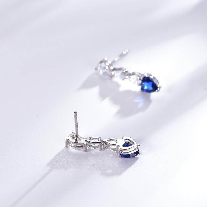 Blue Sapphire Heart Cut Drop Earrings In Sterling Silver - Trendolla Jewelry