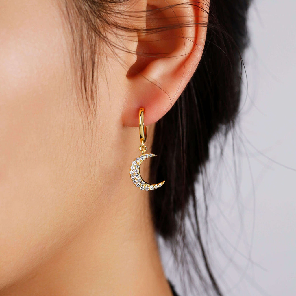 Cute Moon Huggie Hoop Earrings Cute Hoop Earrings With Moon Charms - Trendolla Jewelry