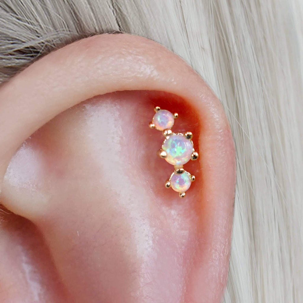 Curved Triple Pink Opal Prong Ball Back & Flat Back Cartilage Earrings