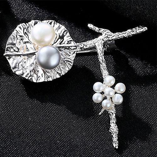 Trendolla Branches and Leaf Cultured Pearl Sterling Silver Pin Brooch - Trendolla Jewelry